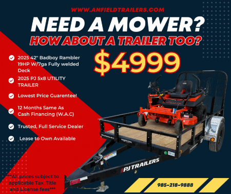 New 2025 Bad Boy MOWER PACKAGE  42  RAMBLER(BRIGGS) & 5 X 8 SA PJ UTILITY  Trailer