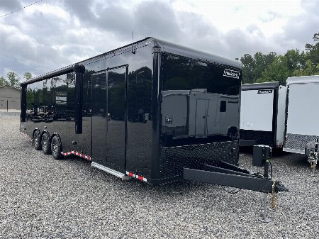 New 2025 Haulmark 34 EDGE Bathroom Race Trailer, Black PolyCor With Black Trim, 18K GVWR, 54  ALX Slide Out Step, Awning, Air Prep, A/C, Landing Light PKG