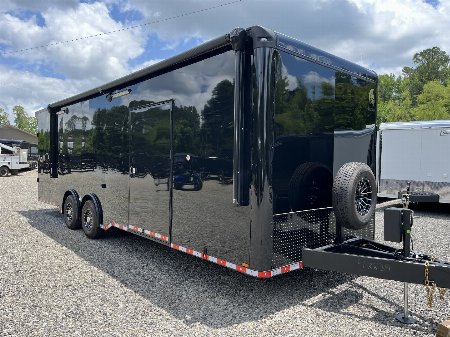 New 2025 Spartan 8.5x28 Race Trailer, Black PolyCor With Black Trim, 7'6  Interior, 14K GVWR, A/C, Awning, Rubber Coin PKG, Generator Compartment