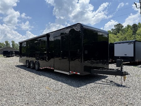 New 2025 Haulmark 34 EDGE Bathroom Race Trailer, Black PolyCor With Black Trim, 18K GVWR, A/C + Heater, Awning, Air Prep, 54  ALX Slide Out Step, Landing Light PKG