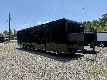 New 2025 HAULMARK 34 EDGE BATHROOM RACE TRAILER, BLACK POLYCOR WITH BLACK TRIM, 18K GVWR, A/C + HEATER, AWNING, AIR PREP, 54  ALX SLIDE OUT STEP, LANDING LIGHT PKG